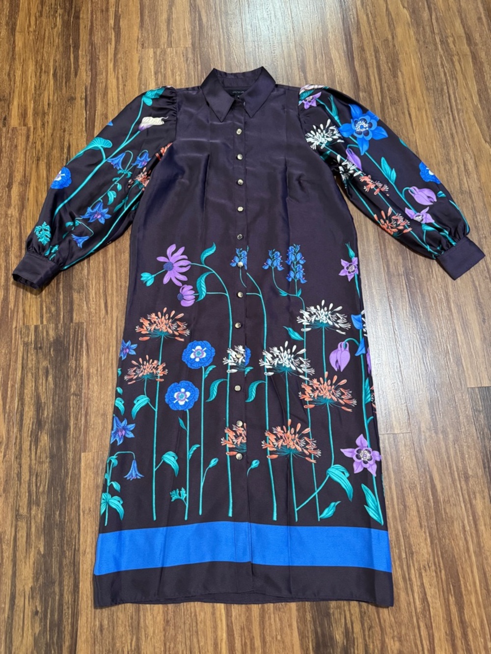 New Ann Taylor Purple Floral Satin Shirt Dress Midi Long Sleeve Collared 2P